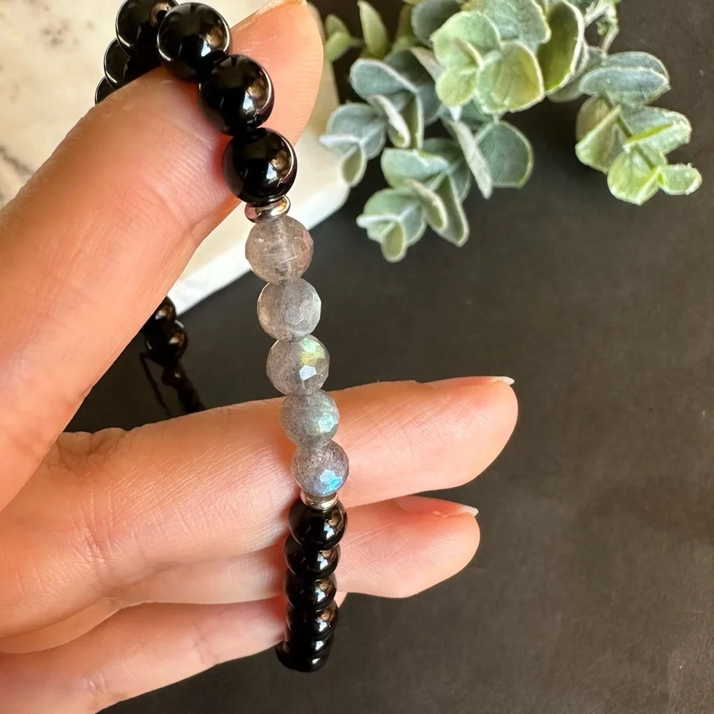 Labradorite Bracelet black tourmaline adjustable macrame - Picture 6 of 6